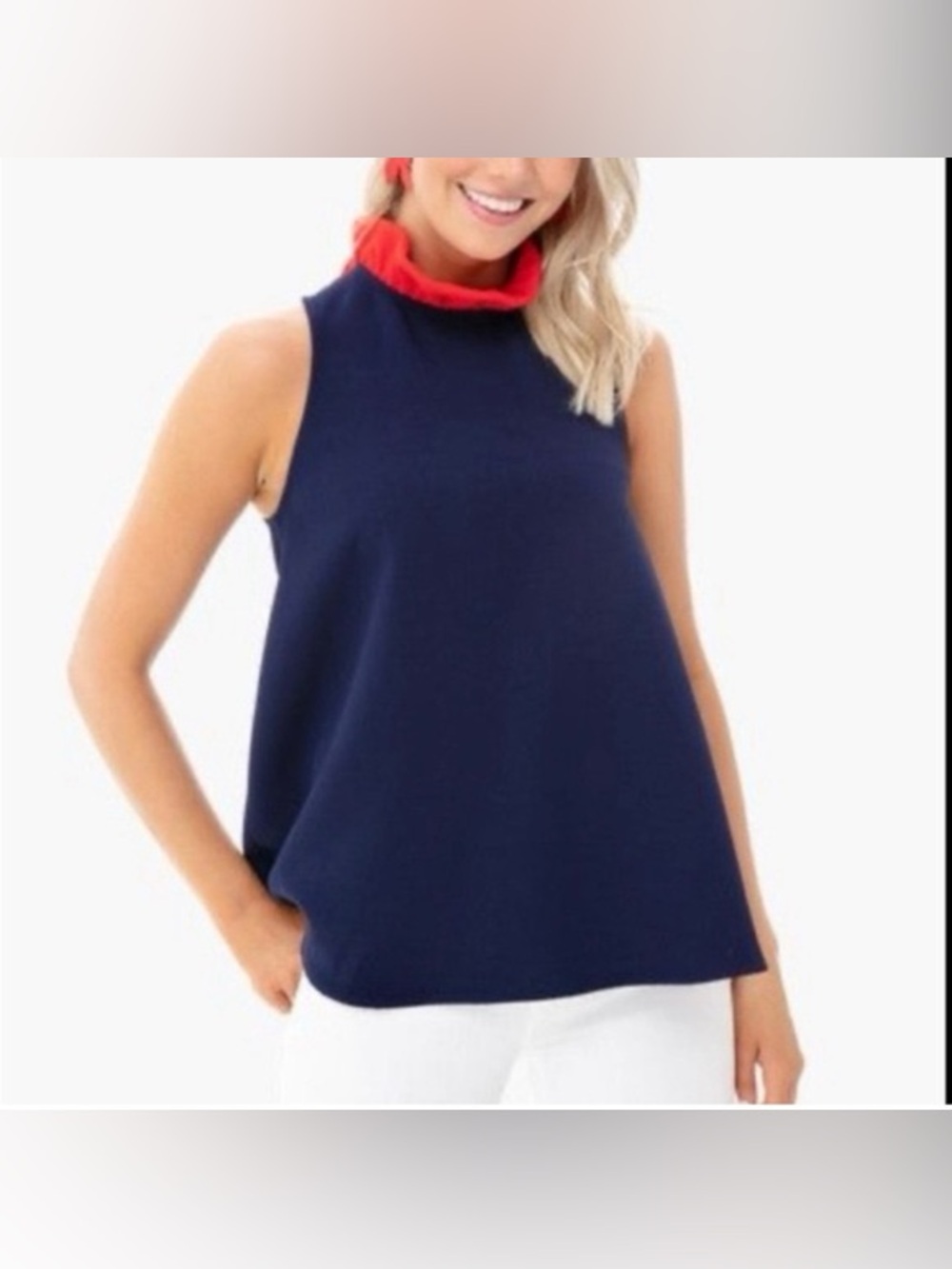 Pomander Place navy blue red collar bow tie Mason sleeveless top blouse size M